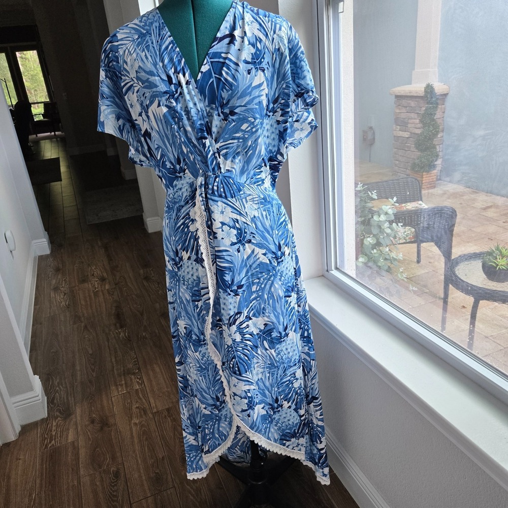 America & Beyond Womens Blue Floral High Low Maxi Sundress Coverup Size Large